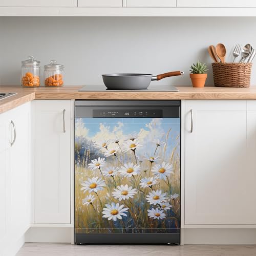 Image of White Daisy Flower Dishwasher Covers for The Front Magnetic,Rustic Wildflower Refrigerator Magnets Decoration,Reusable Dishwasher Cover Panel for Home Kitchen Decor 23x26 Inch