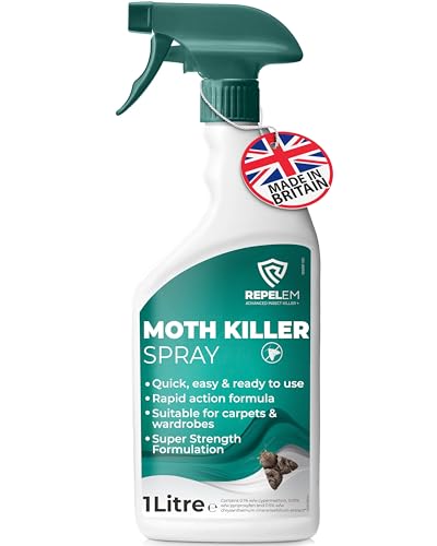 REPELEM 1L Moth Killer Spray - Fast Acting Moth Repellent & Insect Killer Kills Moths at all Life Stages Professional Strength Permethrin Spray Large Clothes & Carpet Moth Treatment