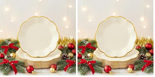 Image of NatNarr 30 Pcs Cream Paper Plates, 9 Inch Ivory Paper Plates with Gold Trim Scalloped White and Gold New Years Plate for New Year, Baby Shower, Wedding (Pack of 2)