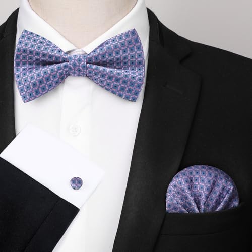 Image of HISDERN Mens Plaid Bow Tie Set Pocket Square and Cufflinks Bowtie