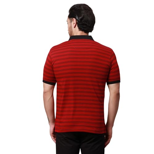 Image of Park Avenue Men's Cotton Polyester Blend Stripe Pattern Slim Fit Rib Collar Polo Neck Half Sleeve Casual T-Shirt