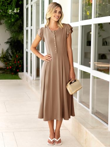 Image of Simplee Womens Summer Casual Dress - Short Sleeve Button Crewneck A-Line Flowy Fit and Flare Beach Midi Dress(Coffee Grey,Small)