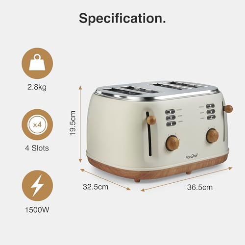 VonShef 4 Slice Toaster - Nordic Cream Design, 6 Browning Settings, Wide Slots, Defrost, Reheat and Cancel Functions, Removable Crumb Tray, High Lift Lever & Cord Storage - Fika Range