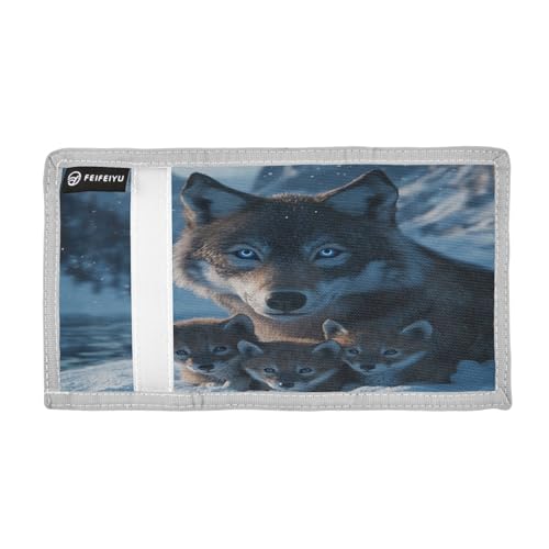 Snow Wolf Cubs Blue Kids Wallet for Boys Girls Trifold Sport Outdoor Wallets for Children Teen Youth Wallet with Zippered Coin Pockets Card Holders Novelty Wallets with Magic Sticker