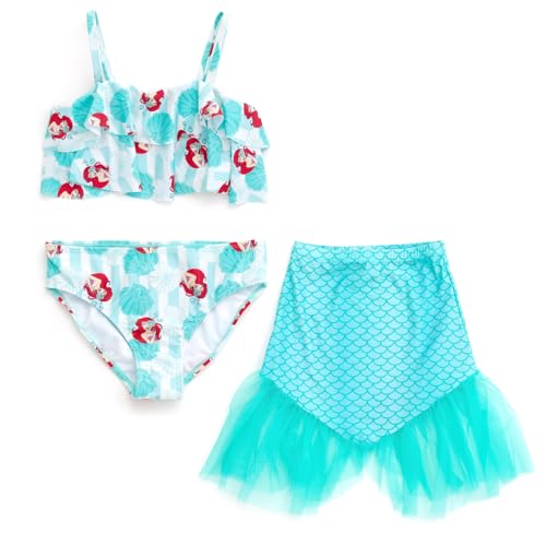Disney Girls Ruffled Square Neck UPF 50+ Bikini Top, Bottom & Tail 3 Piece Swim Set Little Kid to Big Kid Sizes (4-10-12)