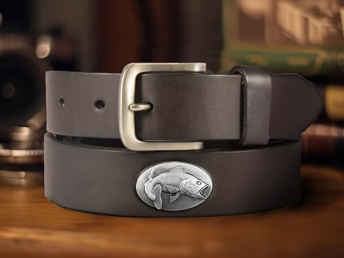 ZEP-PRO Bass Men's Leather Belt – Brown Full Grain Pullup Strap With Fish Emblem – 1.25" Wide Handmade Accessory With Tapered Tip And Natural Finish, Size 323