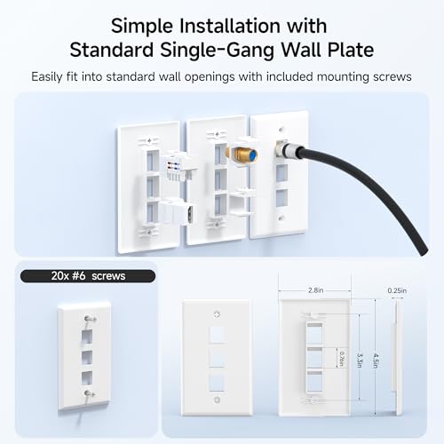 Image of [UL Listed] Cable Matters 10-Pack Low Profile 3-Port Keystone Wall Plate | RJ45 Wall Plate, for Keystone Jacks, White