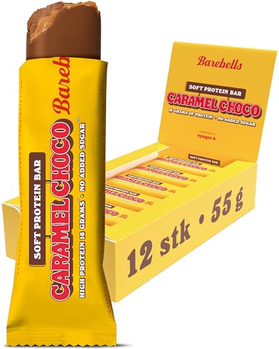 Barebells Soft Protein Riegel – 16g High Protein Bar, Zuckerarm, Eiweißriegel, Ohne Palmöl – Caramel Choco, 12 x 55