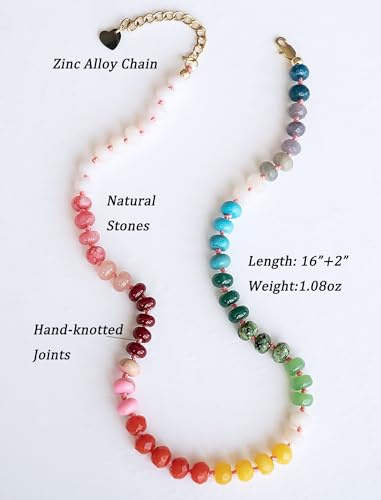 Beaded Gemstone Necklace for Women,Colorful Boho Bead Choker Natural Stones Beach Necklaces 14K Gold Plated Summer Handmade Jewelry,16"+2" Adjustable Chain3