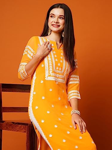 Image of ANNI Designer Women's Cotton Straight Fit Straight Viscose Chikankari Embroidered Kurta