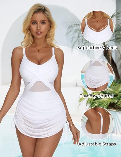 SUUKSESS Women One Piece Swim Dress Tummy Control Swimsuit Mesh Bathing Suit2