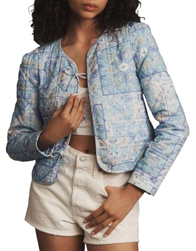 Women's Cropped Quilted Lightweight Jackets Floral Puffer Padded Jackets Casual Button Down Winter Coat Outwear