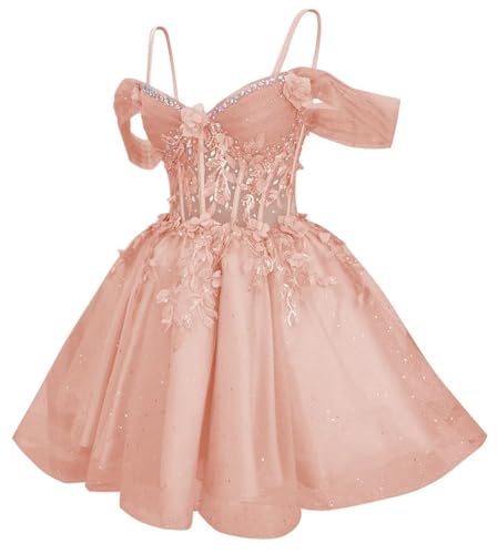 TRHTX Floral Flowers Tulle Homecoming Dress for Teens Off Shoulder DAMA Dresses Sparkly Beaded Graduation Dress