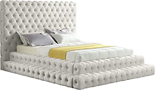 Meridian Furniture RevelCream-Q Revel Collection Modern | Contemporary Cream Velvet Upholstered Bed with Deep Button Tufting, 85" W x 98" D x 60" H, Cream, Queen