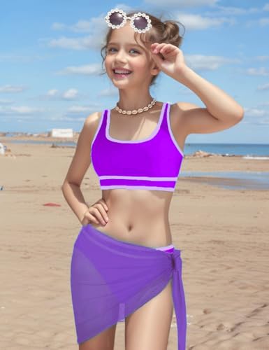 Image of Teen Girls Swimsuit High Waist Sporty Bikini Bathing Suits with Cover Up Skirt and Sunglasses 4 Piece Set 8-15 Years