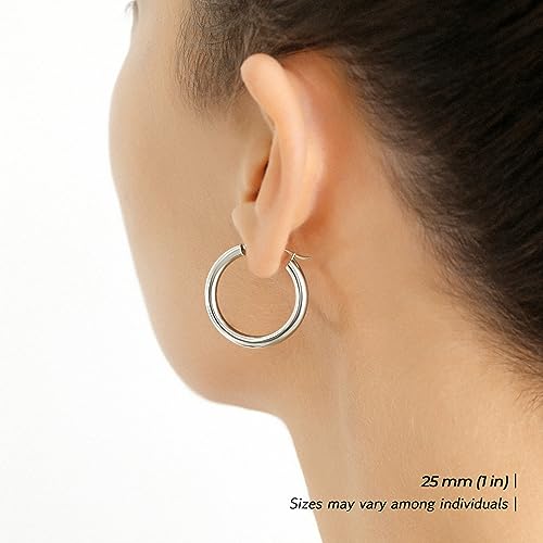 Image of 14K White Gold Classic Chunky Hoop Earrings, Solid White Gold Chunky and Lightweight Shiny Hoops, 3mm Tube Thickness