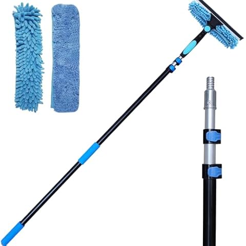 20 Ft+ Reach 2 in 1 Window Squeegee Duster with 5-to-12 Foot Extension Pole, Cleaner Tool with 3-Stage Telescoping Pole, Cleaning Kit with Rotatable Head - Chenille Cloth + Microfibre Cloths Head Cover
