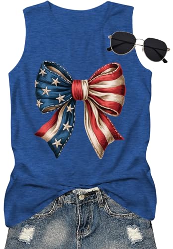 Image of 4th of July Bow Tank Top Women-Vintage American Bow Sleeveless Shirt USA Flag Tee Top Patriotic Tank Top