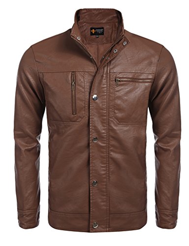 COOFANDY Men's Classic Pu Leather Motorcycle Jacket Biker Jacket Zipper Coat (Brown-01, X-Large)