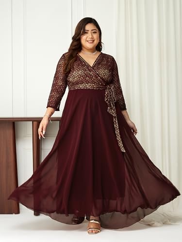 Image of Miss Chase A+ Women's Floral Printed Relaxed Fit V -Neck 3 /4Th Sleeve Georgette Maxi Dress