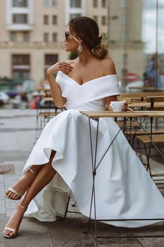 Image of Simple Short Wedding Dresses for Bride 2025 Elegant Off the Shoulder Ruffle Satin Bridal Shower Dress for Women