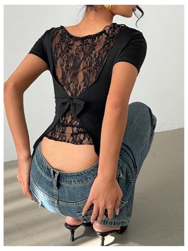 Verdusa Women's Sexy Open Back Lace Bow Going Out Corset Tops Cinched Waist Club T Shirts4