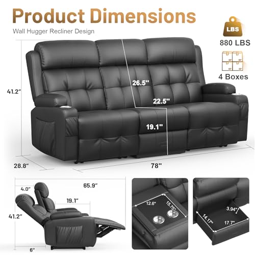 Image of Loveseat Recliner Sofa, Home Theater Seating with Massage, 3 Seat Reclining Loveseats with Flip Backrest, Wall Hugger RV Couch Theater Chairs, RV Furniture Sofas with USB, Cup Holders for Gaming Room