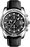 Glorixen Pilot Aviator Military Watch, Chronograph Sports Style with Mens Genuine Leather, Waterproof Gift for Men (Black)