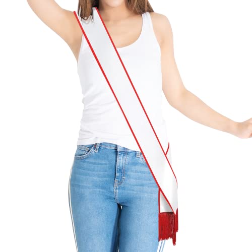 Party to Be Plain Sash with Tassels Blank Satin Sash for Adults 3.9\" Wide x 74.8\" in Total Length (White with red border)