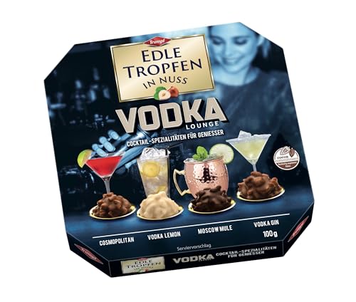 Edle Tropfen in Nuss Vodka Lounge 100g, flüssig gefüllte Schokoladenpralinen mit Milchschokoladen-Überzug und knackigen Haselnuss-Splittern Edle Tropfen in Nuss Vodka Lounge 100g, flüssig gefüllte Schokoladenpralinen mit Milchschokoladen-Überzug und knackigen Haselnuss-Splittern