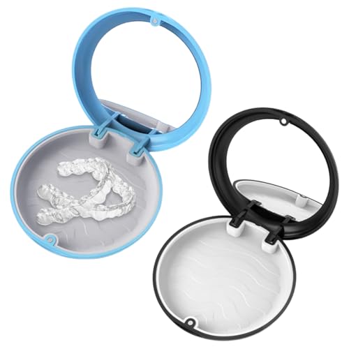 KIRZAX 2 Piezas Caja Ferula Dental,Caja de Almacenamiento para Dentaduras Postizas, con Espejo, caja de Retenedor,Porta Apparecchio Denti,Dentale Contenitore Per Protesi Dentarie,Negro + Azul