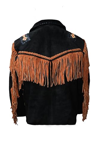 Mens Traditional Western Jacket | Black Native American Cowboy Style | Suede Leather With Fringes Beads Bones2
