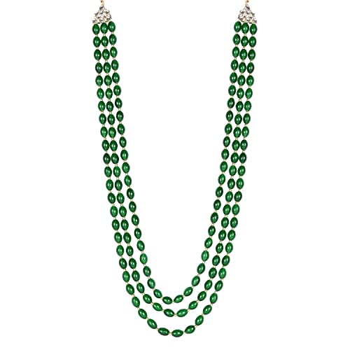 Image of I Jewels 3 Layered Traditional Gold Plated Dulha Green Moti Mala with Beaded Maharaja Haar /Groom Necklace For Men(MLP46)