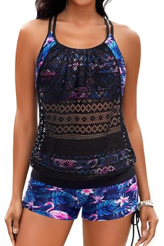 Image of Holipick Womens 2 Piece Tankini Swimsuit Blouson Tummy Control Bathing Suit | Double Up Design, Removable Pad, High Waisted Boy Shorts