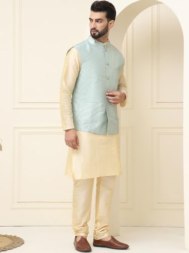 Image of SOJANYA (Since 1958 Men's Silk Blend Kurta Pyjama With Self Design Nehru Jacket