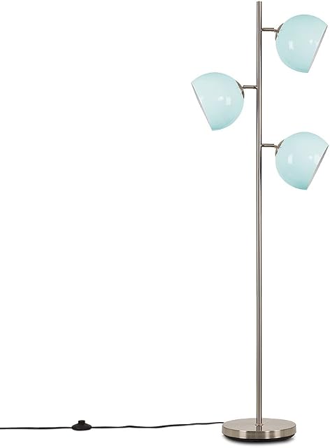 Contemporary Style 3 Way Brushed Chrome Floor Lamp with Mini Arco Style Blue Dome Shades - Complete with 4w LED Golfball Bulbs [3000K Warm White]