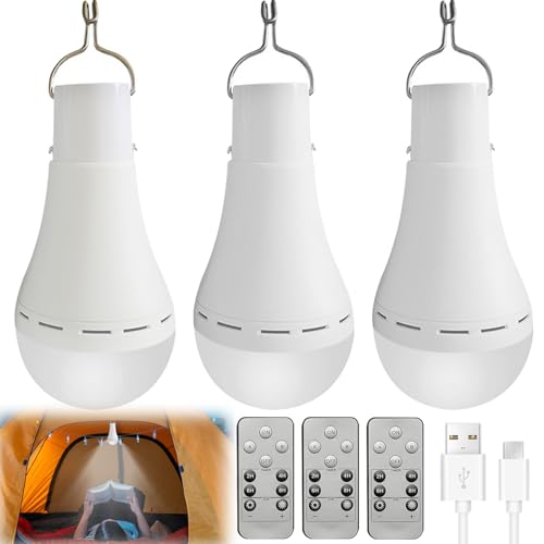3 bombillas con batería: 9 W USB recargables con gancho, bombilla LED con mando a distancia, luz de emergencia ajustable con 3 modos de luz, bombilla LED para interiores y exteriores
