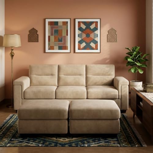 Image of FURNY Parker 3 Seater Sofa Set with 2 Ottomans | Premium Suede Velvet Fabric Finish | Durable Comfort Sofa for Modern Living Room & Office Spaces