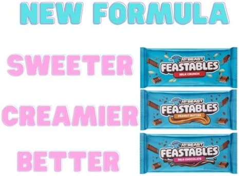 Mr Beast Feastables Chocolate Bar Bundle, Milk Chocolate, Milk Crunch, Peanut Butter, 60g each [3 BAR BUNDLE]