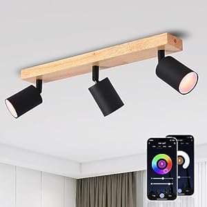 ANWIO Black Wood Led Spot Lights for Ceiling,3 Way Ceiling Light Fitting,Wood Bedroom Lights Ceiling with GU10 Smart Bulbs,Adjustable Kitchen Lights Ceiling(Bulbs Included,EUS-EA1)