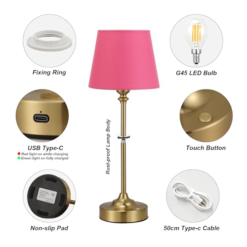 Image of Cordless Table Lamps Rechargeable Set - 2 Pack Brass 4000mAH Battery Operated Lamps for Decor, 3000K Stepless Dimming Touch Control Wireless Lamps for Bedroom, Dining Table, Living Room, Rose Shade