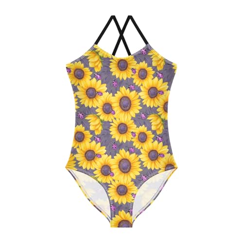 senya Girls Swimsuits One-Piece Swimwear Tie Bathing Suit Beach Summer Round Neck 7-8T Sunflower Seven Star Ladybug Pattern