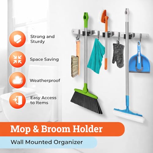 Image of Ternero Mop and Broom Organizer 4 Racks 5 Hooks, Heavy Duty Broom Wall Mount Rake Holder Stainless Steel Tool Hanger for Home, Kitchen, Garage, Garden, Laundry Room, Bathroom Organization