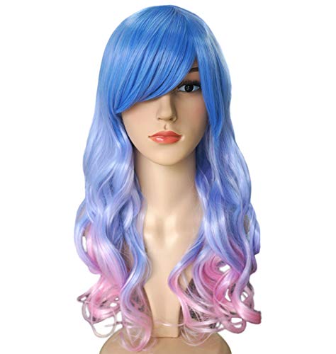 ANOTHERME 23.5” Multi-Color Wavy Wig Ice Cream Light Blue Purple Pink Cosplay Party Wig Heat Resistant Fiber Synthetic