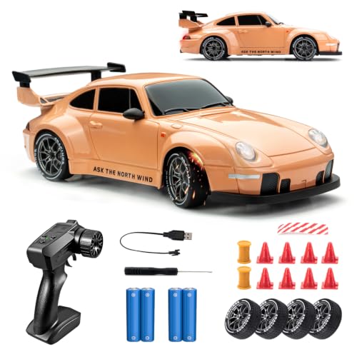 Image of RC Drift Car, 1:24 Scale 4WD High-Speed Flesh Pink Drift RC Car | For Adults Kids, 2.4GHz Remote Control Racing Toy Car with LED Lights, Extra Tires, Rechargeable Batteries & Traffic Cones