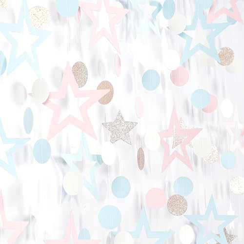 Image of Blue Pink Gender Reveal Star Party Decoration Garland Lasting Surprise | 52ft Champagne Gold Twinkle Little Star Streamers,Boy or Girl He or She Baby Gender Reveal Theme Supplies Decor