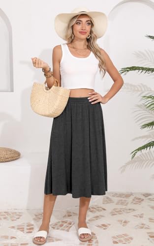 Image of MLXSJ Women's Midi Skirt Summer Flowy Casual Skirts with Pockets S-3XL | Elastic High Waisted