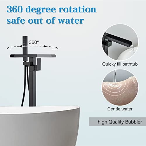 Yagatap Freestanding Tub Faucet, Free Standing Tub Filler Matte Black, Single Handle Stand Alone Brass Bathtub Faucet With Hand Held Shower And Swivel Waterfall Mixer Spout Floor Mount #TOP3