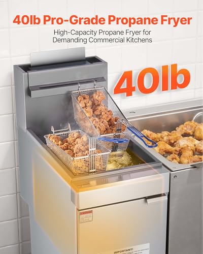 Image of VEVOR Commercial Deep Fryer, 3-Burner Fryer for Restaurants, Stainless Steel Floor Standing Deep Fryers with Dual Baskets and Adjustable Temperature, Propane Powered, 40 lbs Capacity, 90,000 BTU