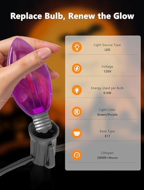 Halloween Pathway Lights, 10 Pack C9 LED Stake Lights with Purple & Orange Bulbs, 19.5ft Extendable Outdoor Walkway Lights for Garden, Yard, Driveway, Porch & Sidewalk Halloween Decorations